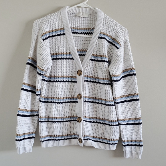 B. Coastline Sweaters - B. Coastline White Knit Stripped Cardigan Nautical Preppy Business Casual Sz S
